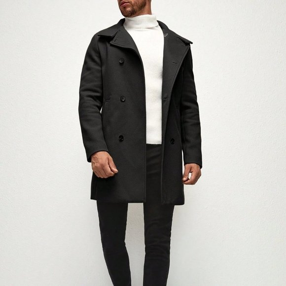 . Other - Black Preppy Mens Double Breasted Slant Pocket Overcoat
